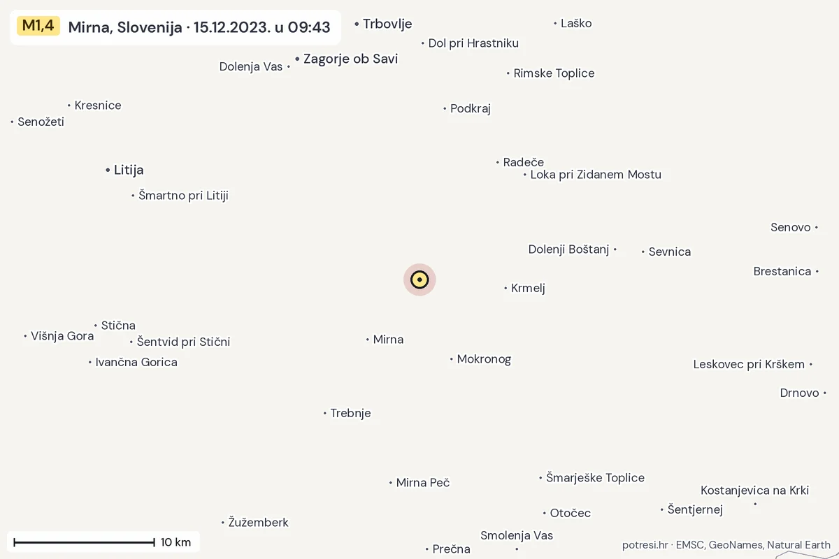Karta: okolica epicentra, 60 km, potres M1,4, Mirna, Slovenija, 15.12.2023.