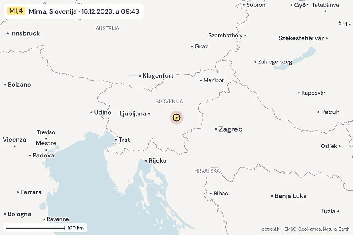 Karta: šire područje, 600 km, potres M1,4, Mirna, Slovenija, 15.12.2023.
