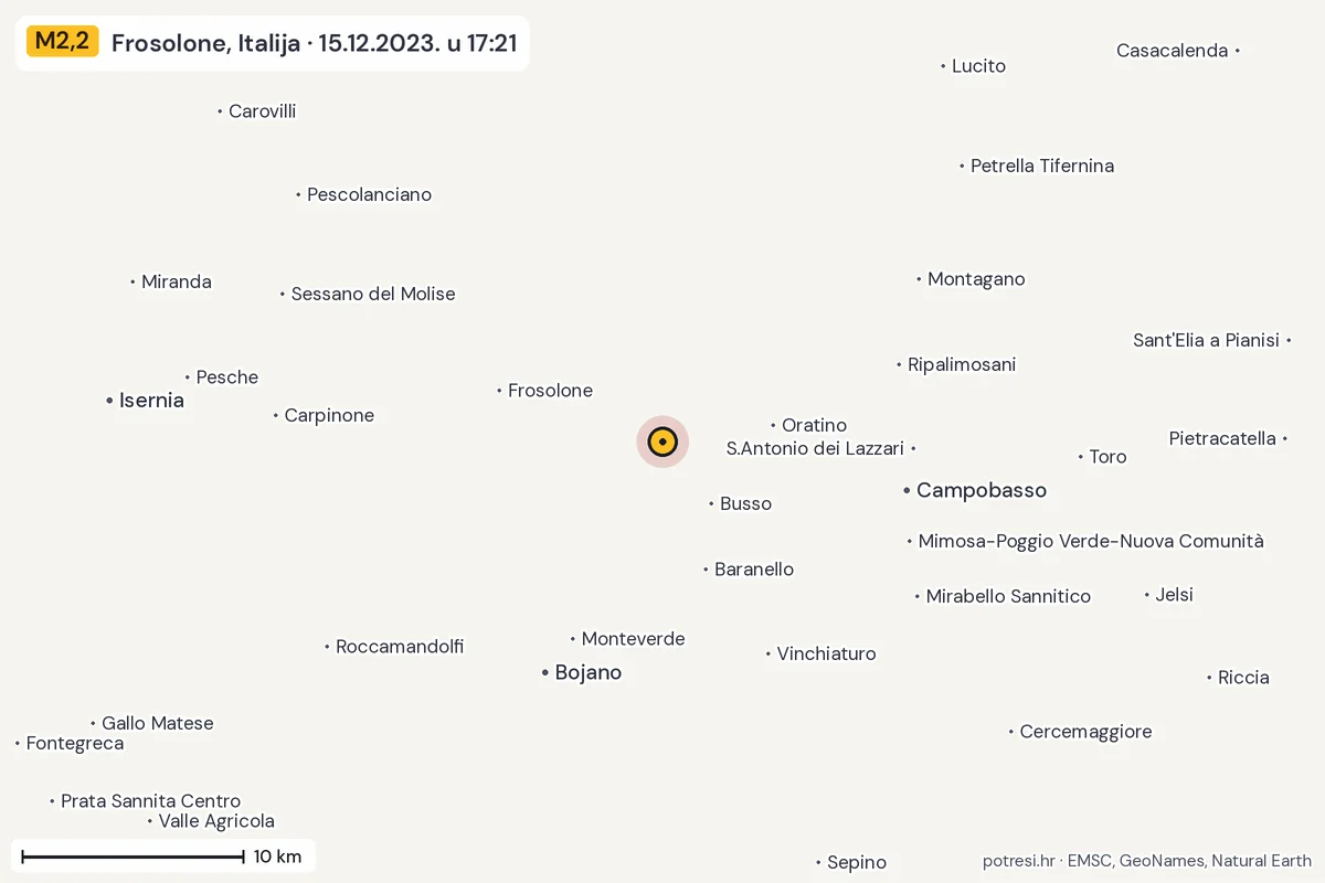 Karta: okolica epicentra, 60 km, potres M2,2, Frosolone, Italija, 15.12.2023.