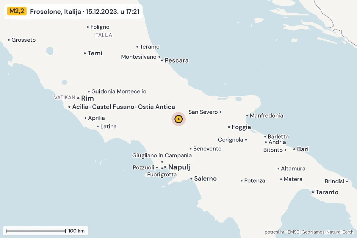Karta: šire područje, 600 km, potres M2,2, Frosolone, Italija, 15.12.2023.