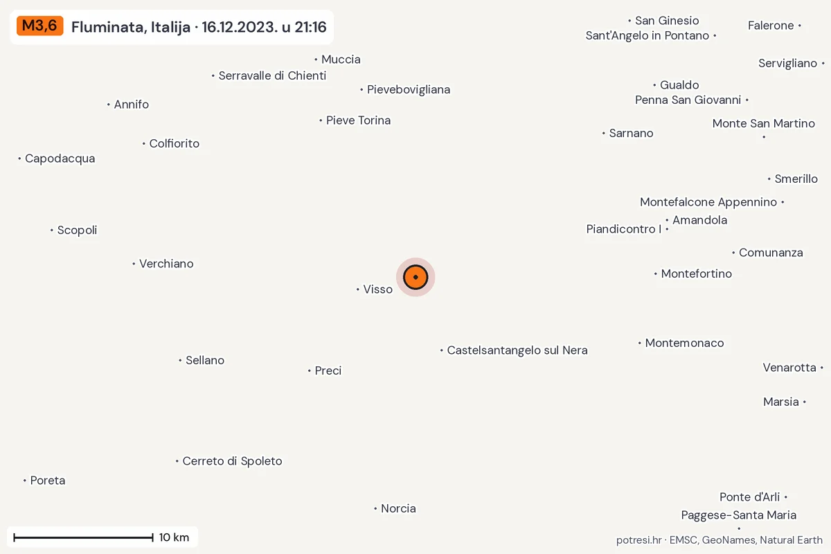 Karta: okolica epicentra, 60 km, potres M3,6, Fluminata, Italija, 16.12.2023.
