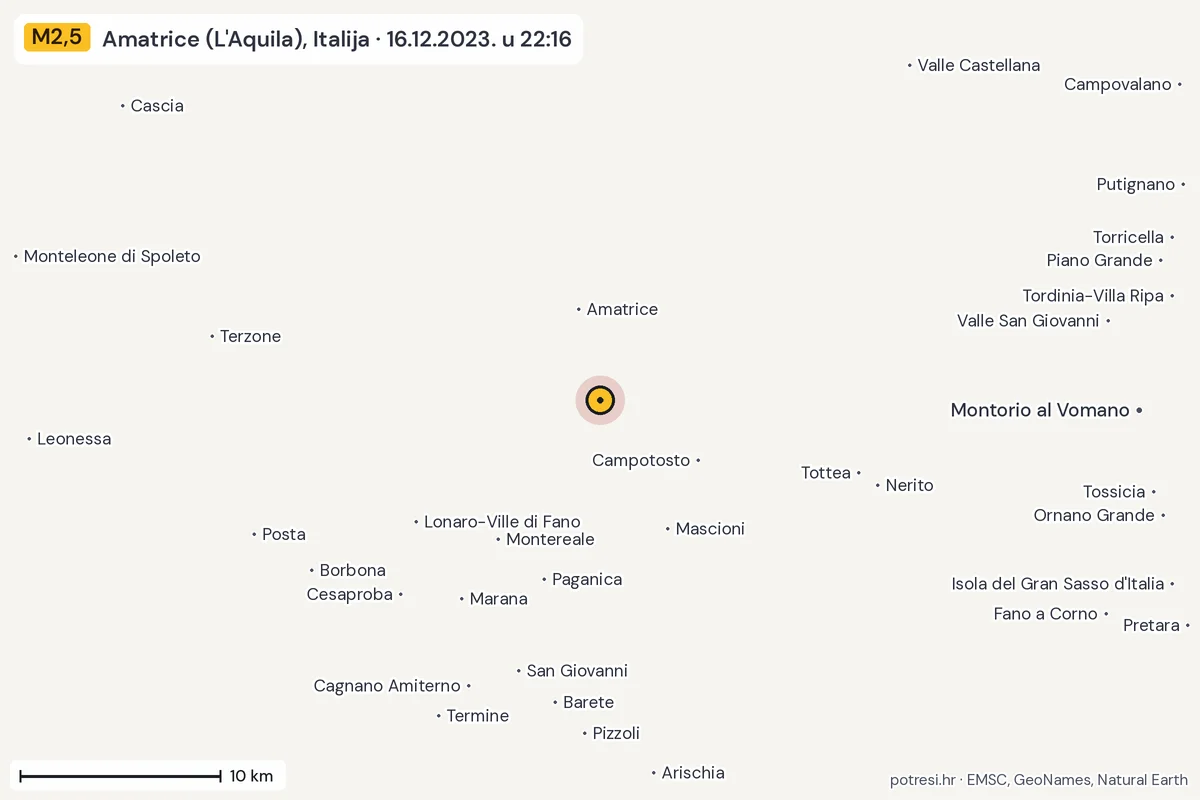 Karta: okolica epicentra, 60 km, potres M2,5, Amatrice (L'Aquila), Italija, 16.12.2023.