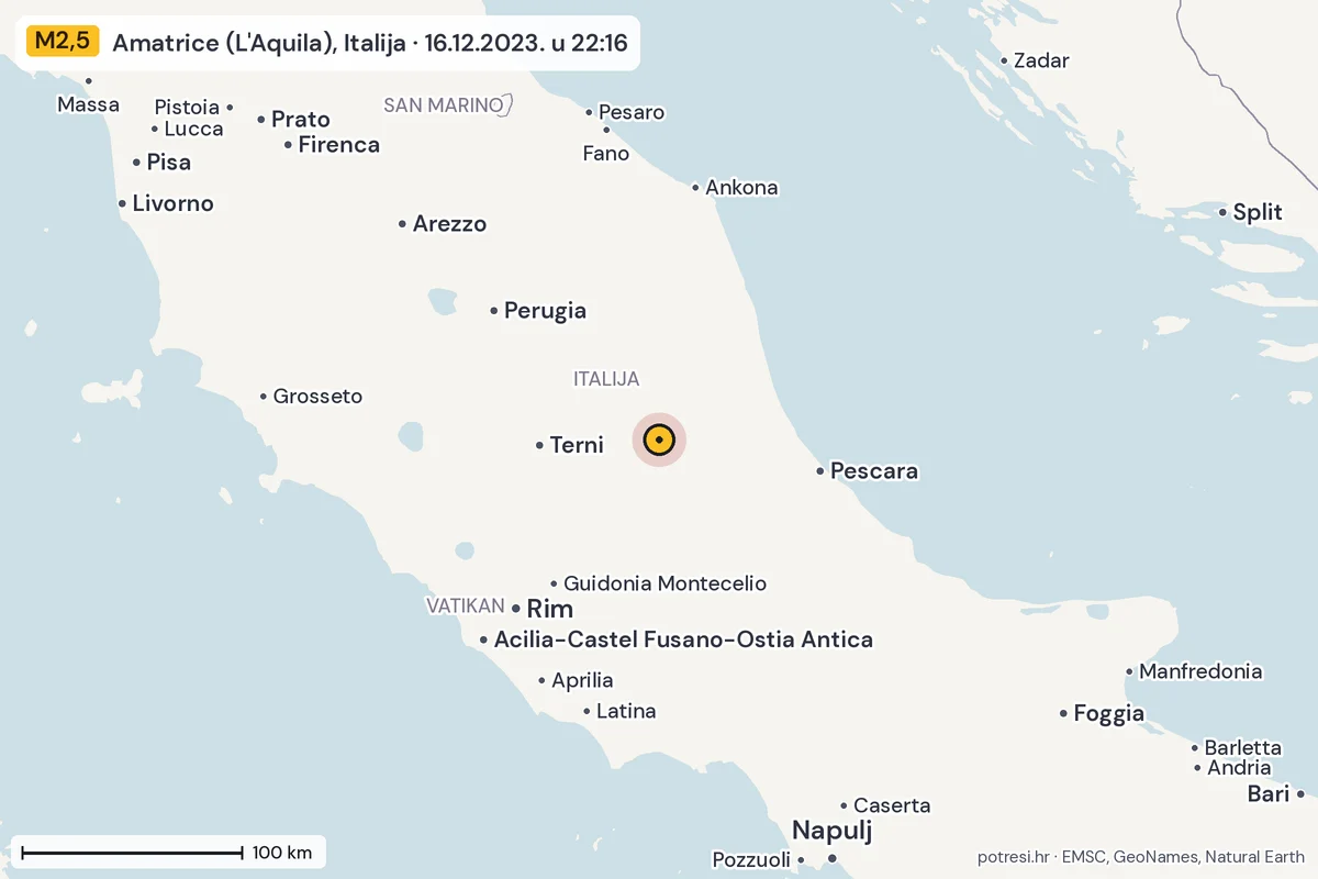Karta: šire područje, 600 km, potres M2,5, Amatrice (L'Aquila), Italija, 16.12.2023.
