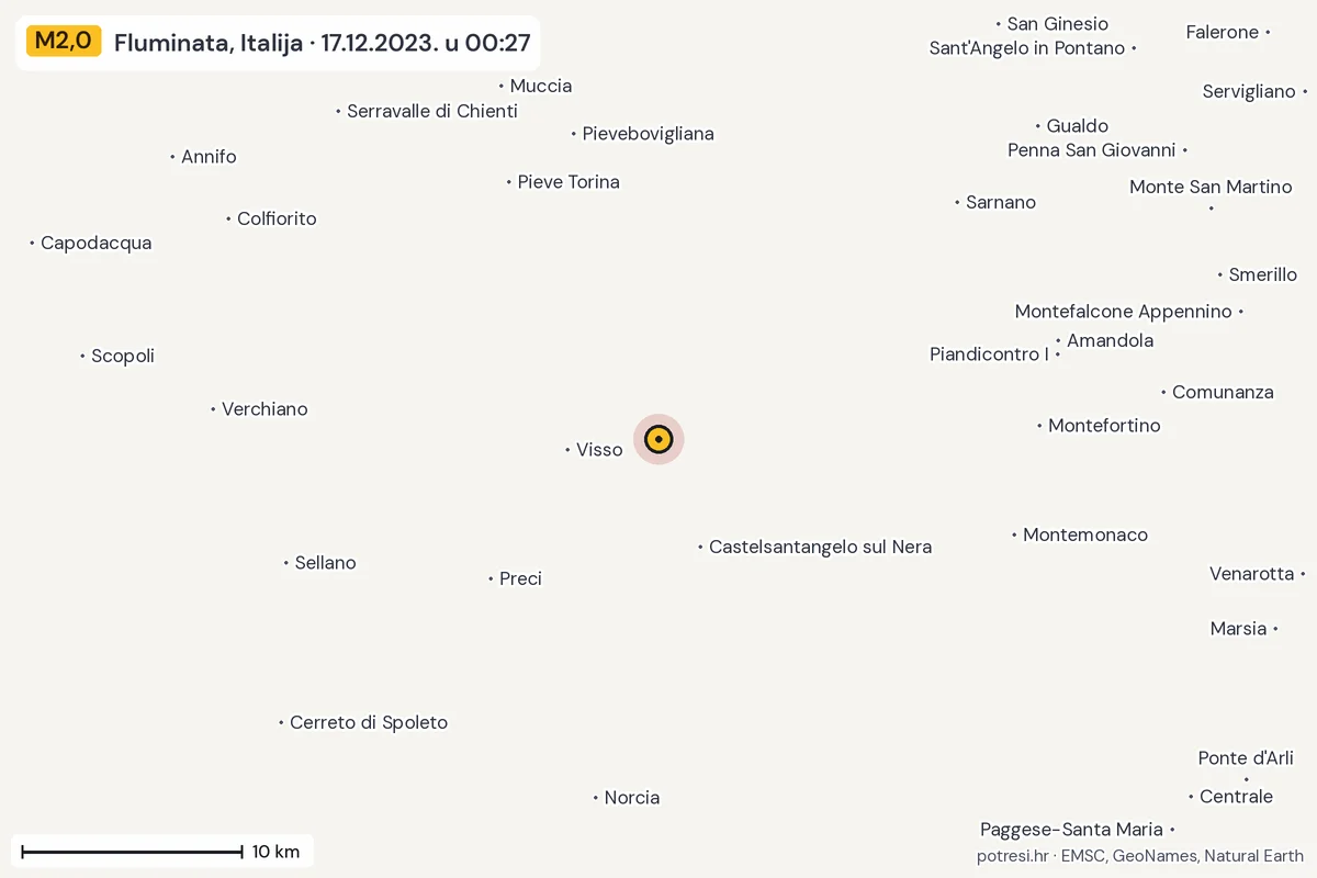 Karta: okolica epicentra, 60 km, potres M2,0, Fluminata, Italija, 17.12.2023.