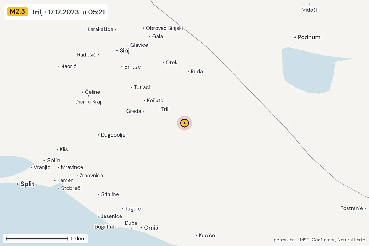 Karta: okolica epicentra, 60 km, potres M2,3, Trilj, 17.12.2023.
