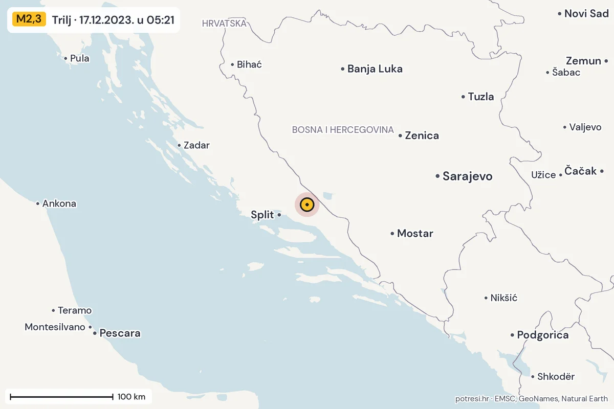 Karta: šire područje, 600 km, potres M2,3, Trilj, 17.12.2023.