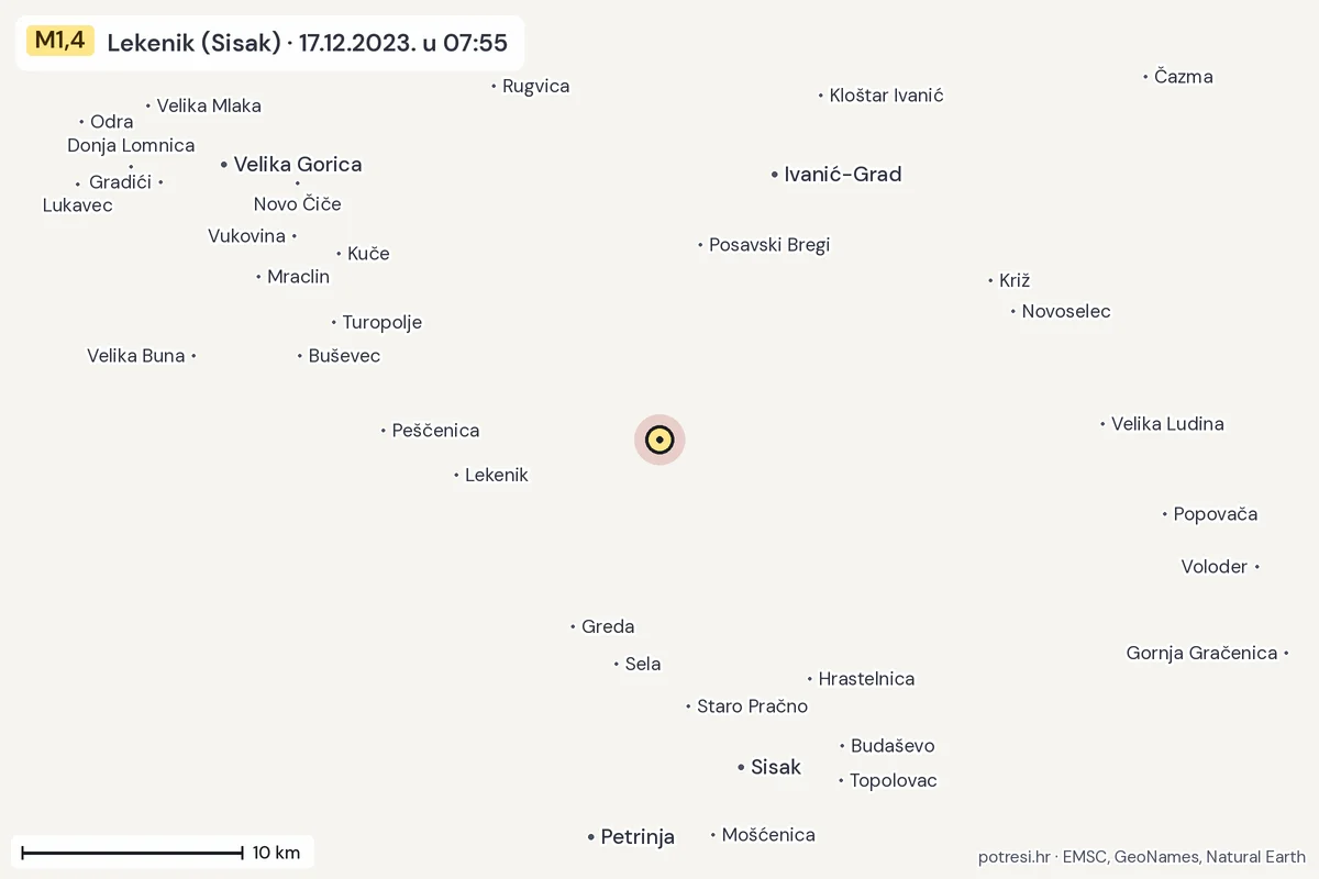 Karta: okolica epicentra, 60 km, potres M1,4, Lekenik (Sisak), 17.12.2023.