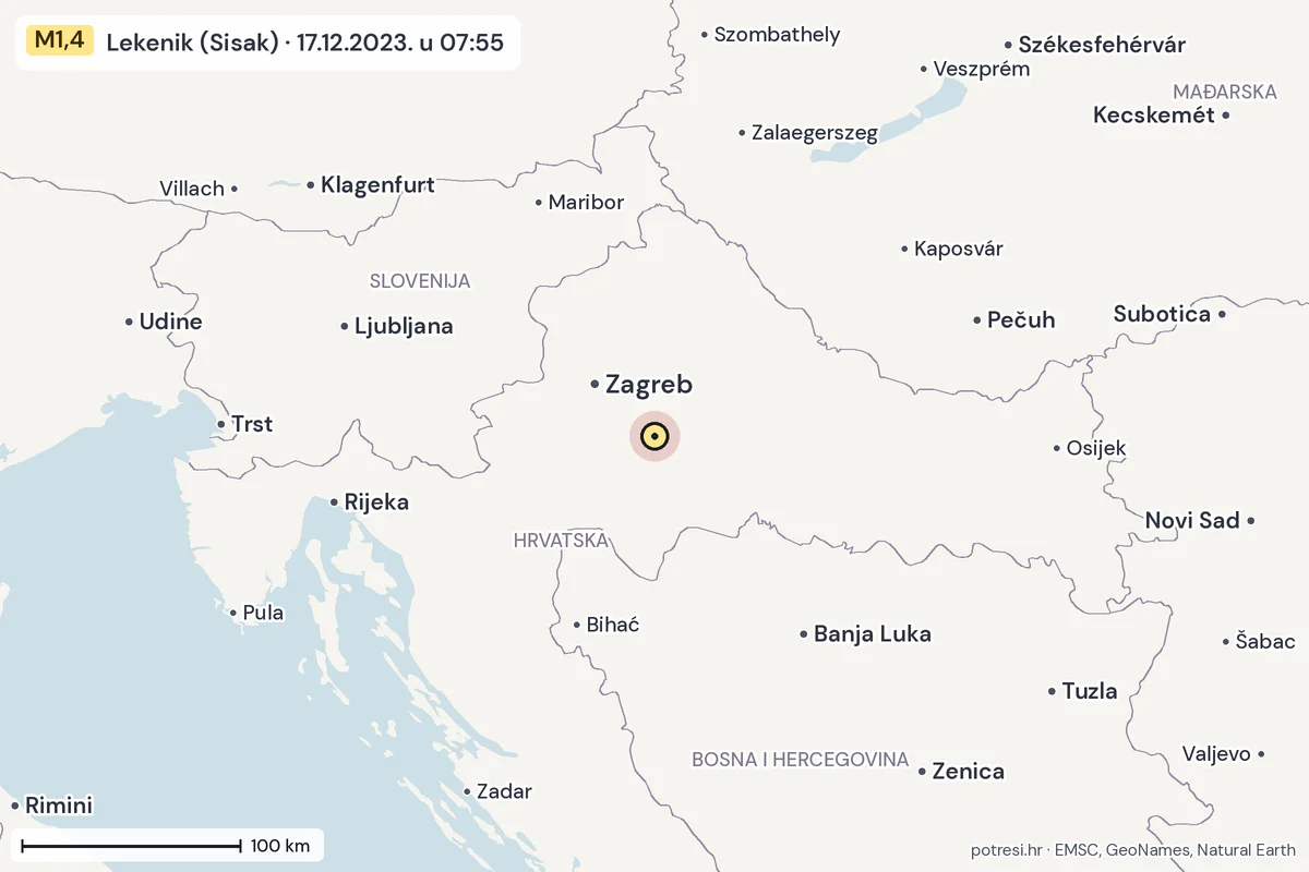 Karta: šire područje, 600 km, potres M1,4, Lekenik (Sisak), 17.12.2023.