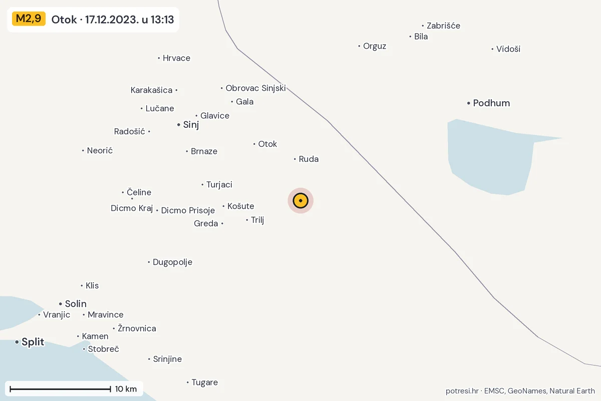 Karta: okolica epicentra, 60 km, potres M2,9, Otok, 17.12.2023.