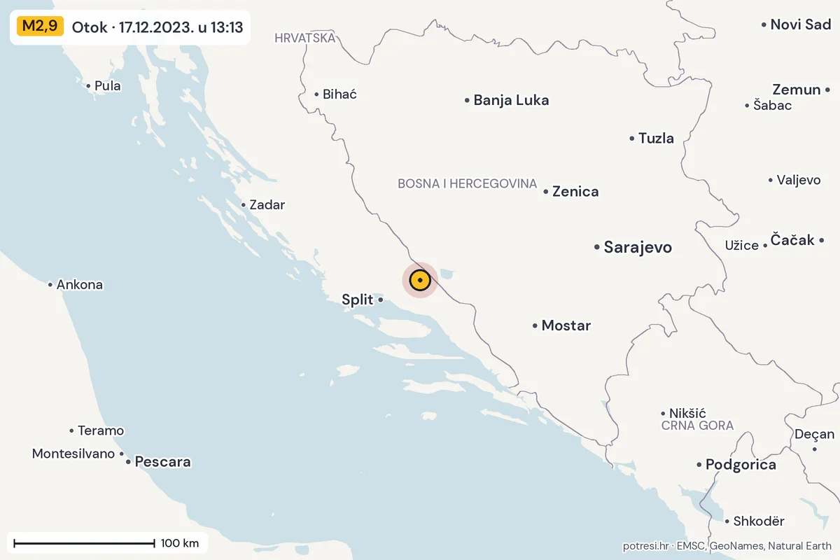 Karta: šire područje, 600 km, potres M2,9, Otok, 17.12.2023.