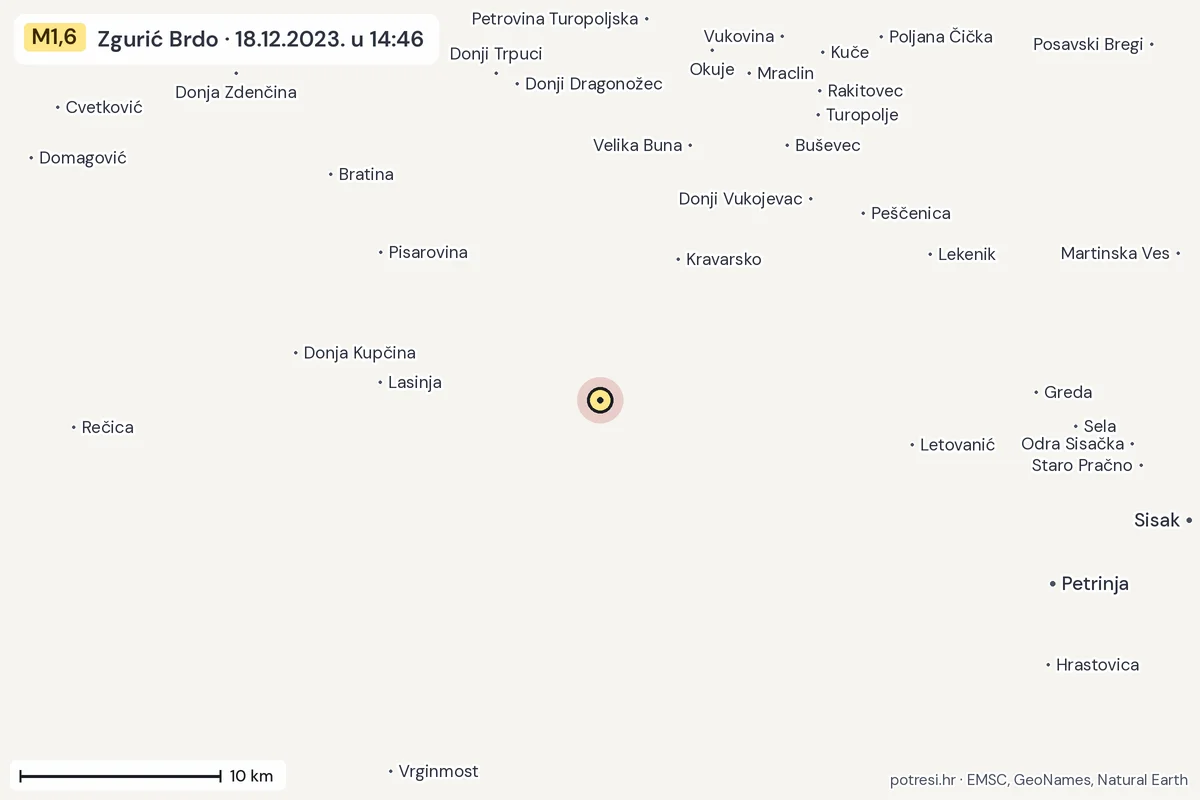 Karta: okolica epicentra, 60 km, potres M1,6, Zgurić Brdo, 18.12.2023.