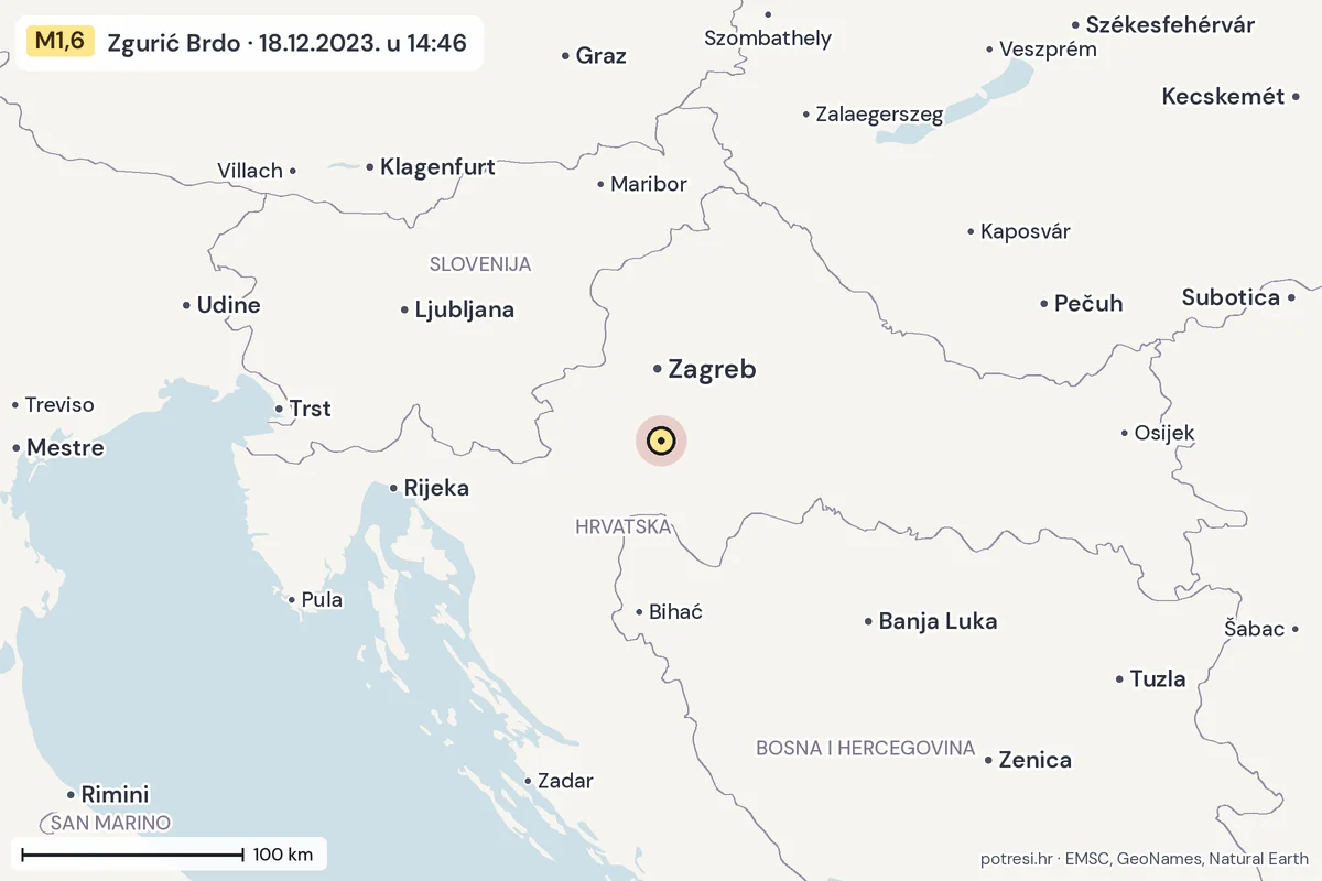 Karta: šire područje, 600 km, potres M1,6, Zgurić Brdo, 18.12.2023.