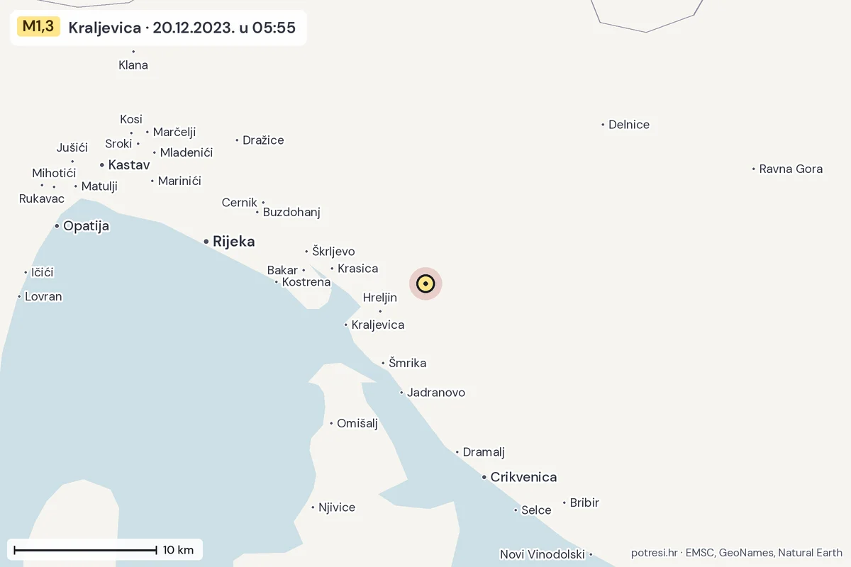 Karta: okolica epicentra, 60 km, potres M1,3, Kraljevica, 20.12.2023.