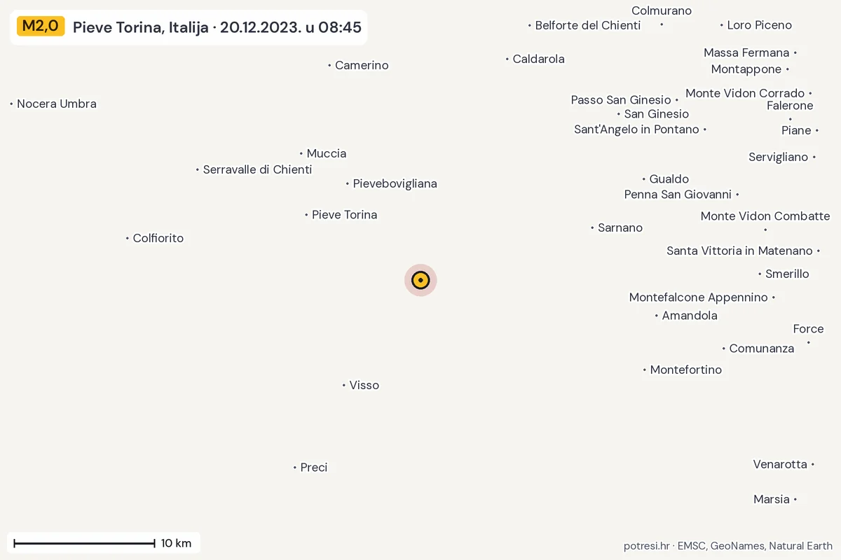 Karta: okolica epicentra, 60 km, potres M2,0, Pieve Torina, Italija, 20.12.2023.