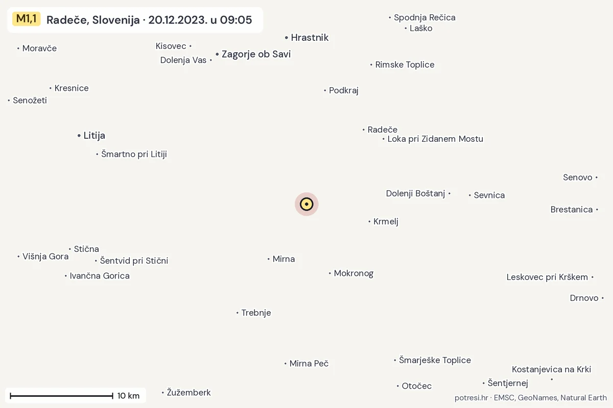 Karta: okolica epicentra, 60 km, potres M1,1, Radeče, Slovenija, 20.12.2023.