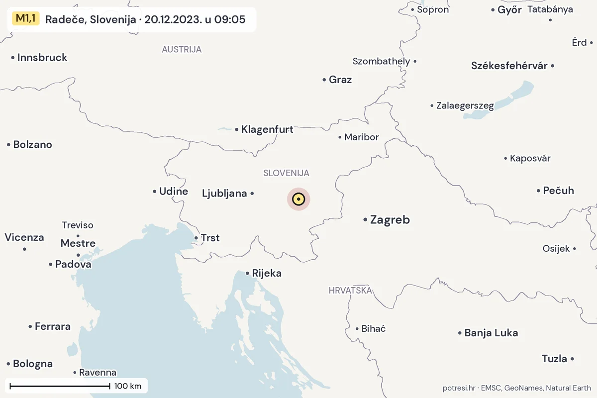 Karta: šire područje, 600 km, potres M1,1, Radeče, Slovenija, 20.12.2023.
