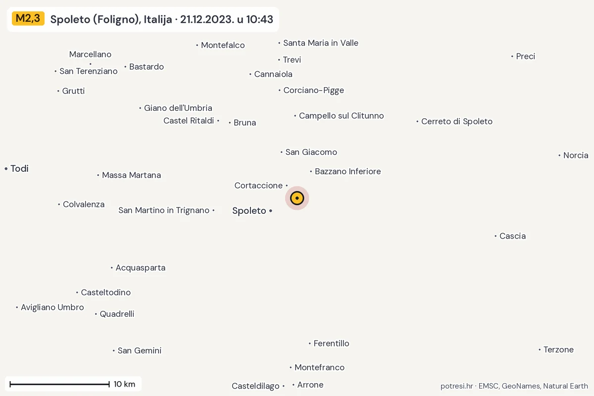 Karta: okolica epicentra, 60 km, potres M2,3, Spoleto (Foligno), Italija, 21.12.2023.