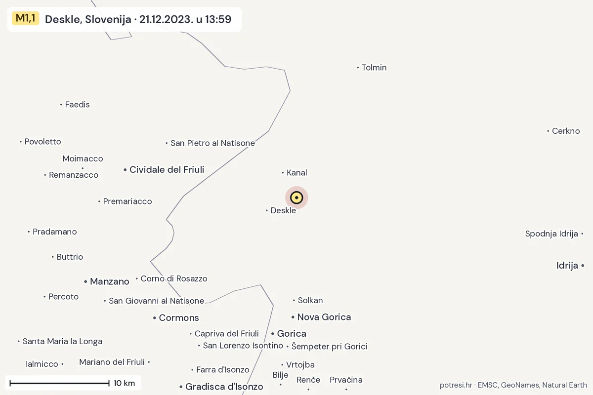 Karta: okolica epicentra, 60 km, potres M1,1, Deskle, Slovenija, 21.12.2023.