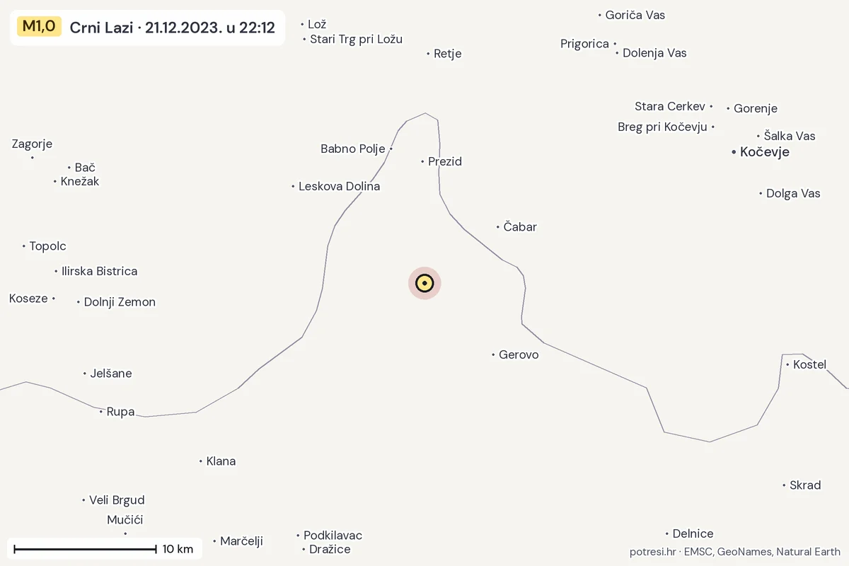 Karta: okolica epicentra, 60 km, potres M1,0, Crni Lazi, 21.12.2023.