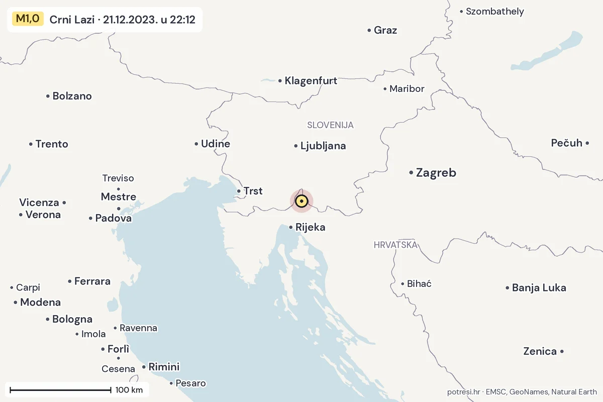 Karta: šire područje, 600 km, potres M1,0, Crni Lazi, 21.12.2023.