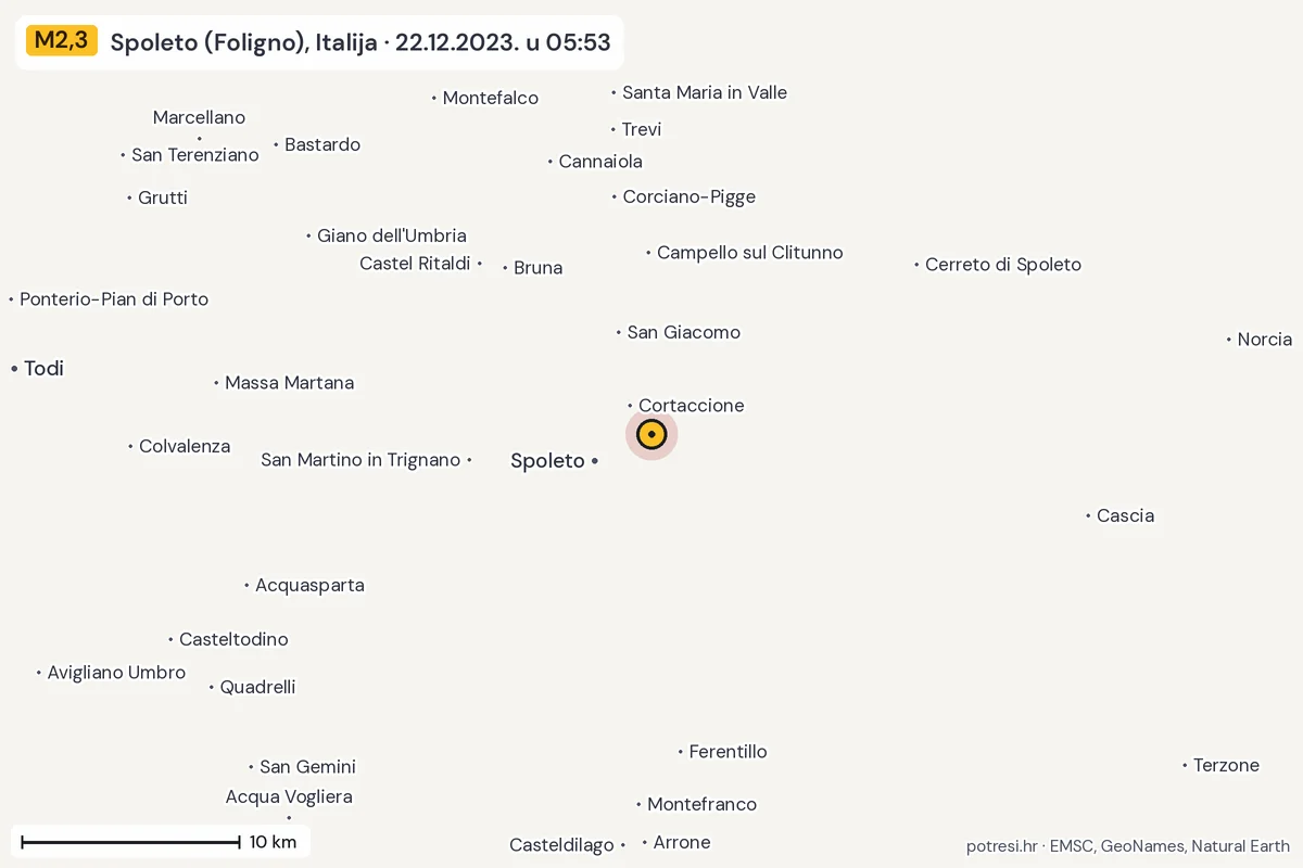 Karta: okolica epicentra, 60 km, potres M2,3, Spoleto (Foligno), Italija, 22.12.2023.