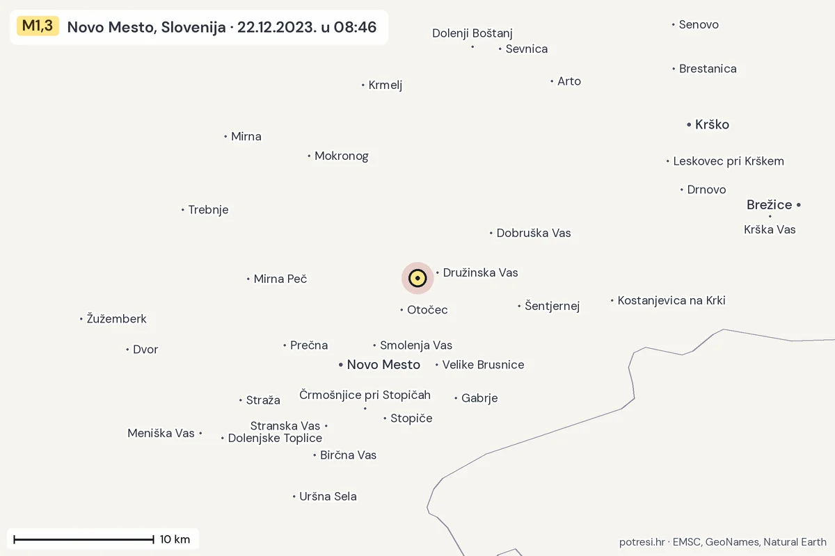 Karta: okolica epicentra, 60 km, potres M1,3, Novo Mesto, Slovenija, 22.12.2023.