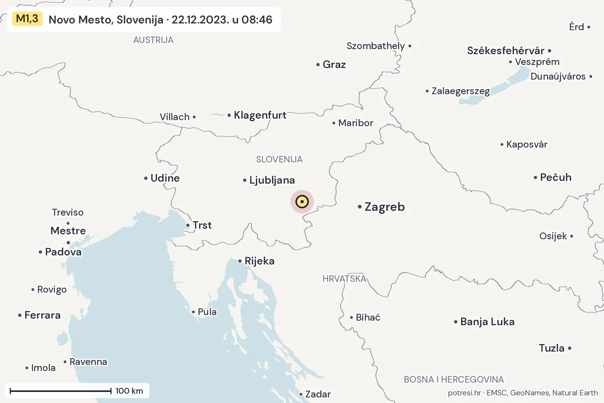 Karta: šire područje, 600 km, potres M1,3, Novo Mesto, Slovenija, 22.12.2023.