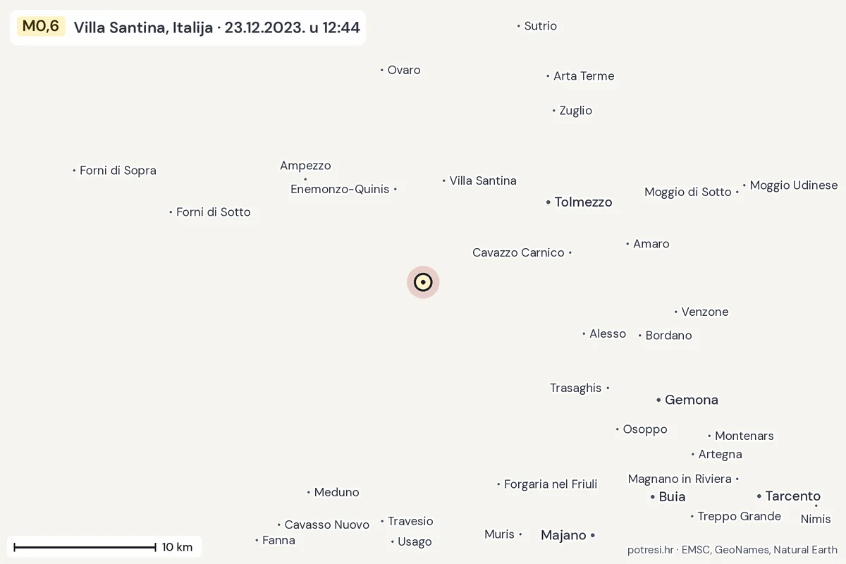 Karta: okolica epicentra, 60 km, potres M0,6, Villa Santina, Italija, 23.12.2023.