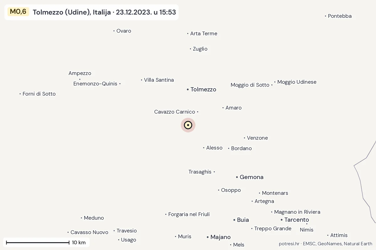 Karta: okolica epicentra, 60 km, potres M0,6, Tolmezzo (Udine), Italija, 23.12.2023.