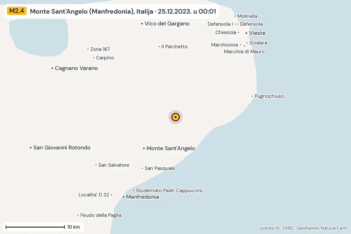 Karta: okolica epicentra, 60 km, potres M2,4, Monte Sant'Angelo (Manfredonia), Italija, 25.12.2023.