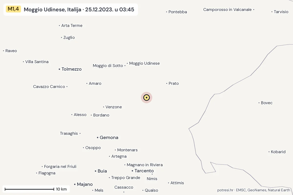 Karta: okolica epicentra, 60 km, potres M1,4, Moggio Udinese, Italija, 25.12.2023.
