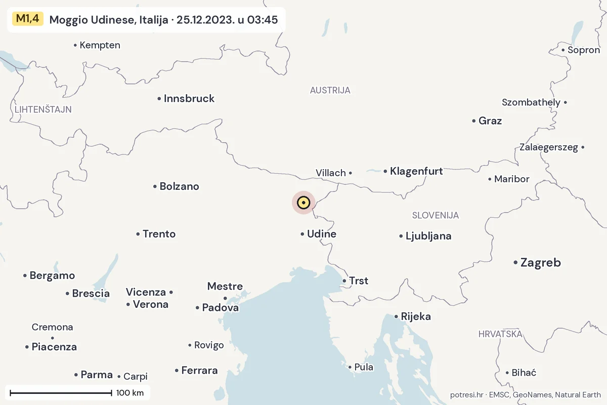Karta: šire područje, 600 km, potres M1,4, Moggio Udinese, Italija, 25.12.2023.