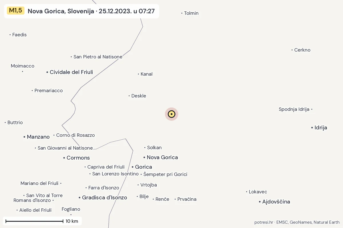 Karta: okolica epicentra, 60 km, potres M1,5, Nova Gorica, Slovenija, 25.12.2023.