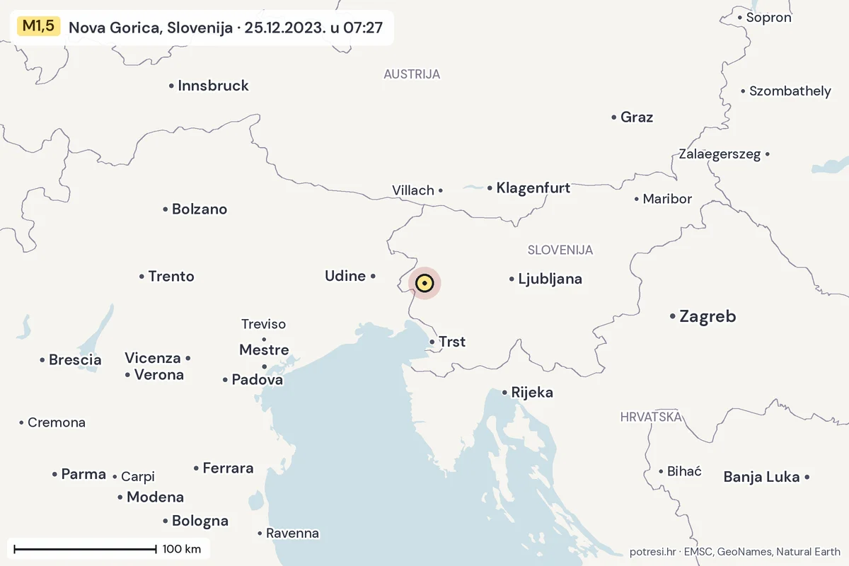 Karta: šire područje, 600 km, potres M1,5, Nova Gorica, Slovenija, 25.12.2023.