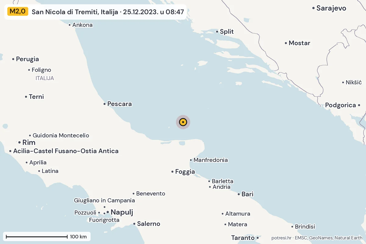 Karta: šire područje, 600 km, potres M2,0, San Nicola di Tremiti, Italija, 25.12.2023.