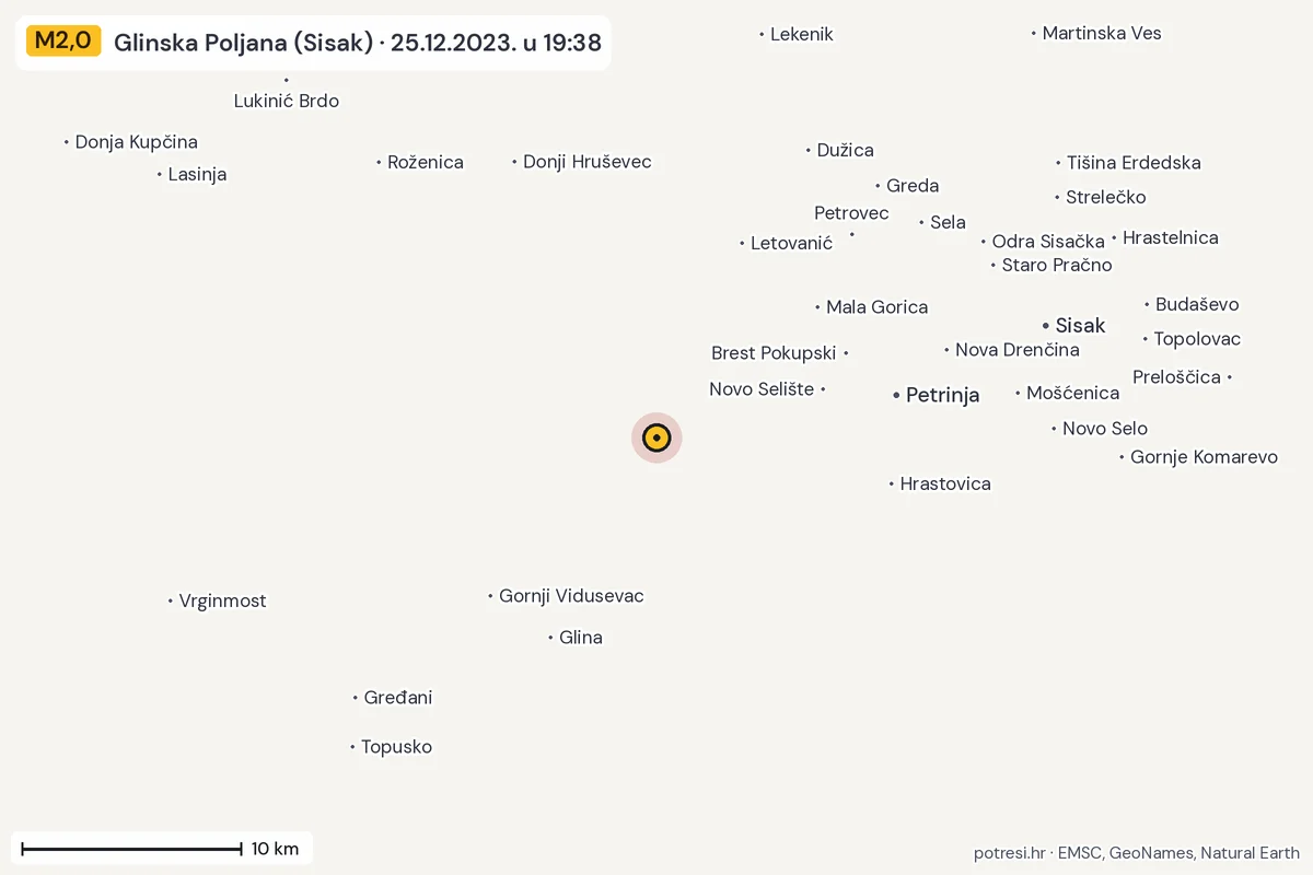 Karta: okolica epicentra, 60 km, potres M2,0, Glinska Poljana (Sisak), 25.12.2023.