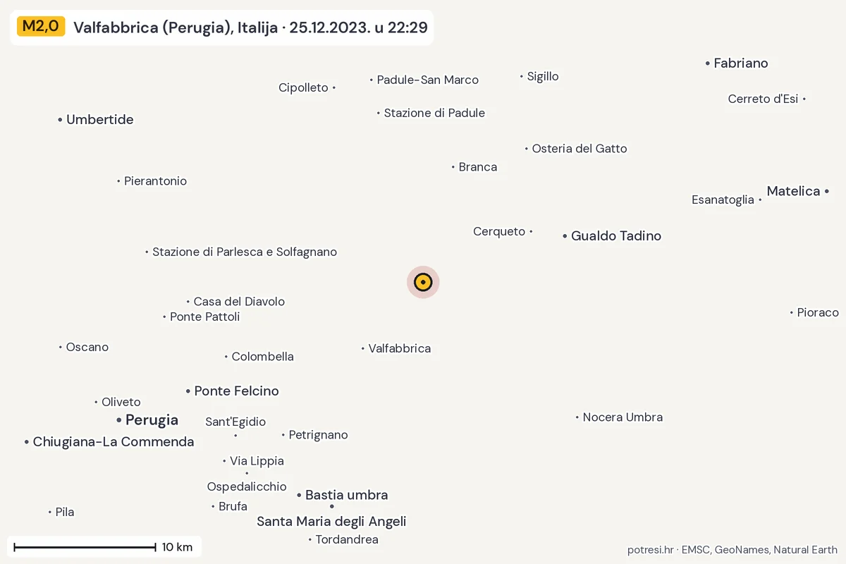Karta: okolica epicentra, 60 km, potres M2,0, Valfabbrica (Perugia), Italija, 25.12.2023.