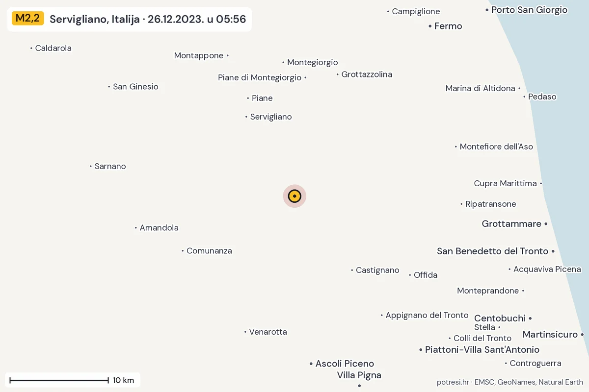 Karta: okolica epicentra, 60 km, potres M2,2, Servigliano, Italija, 26.12.2023.
