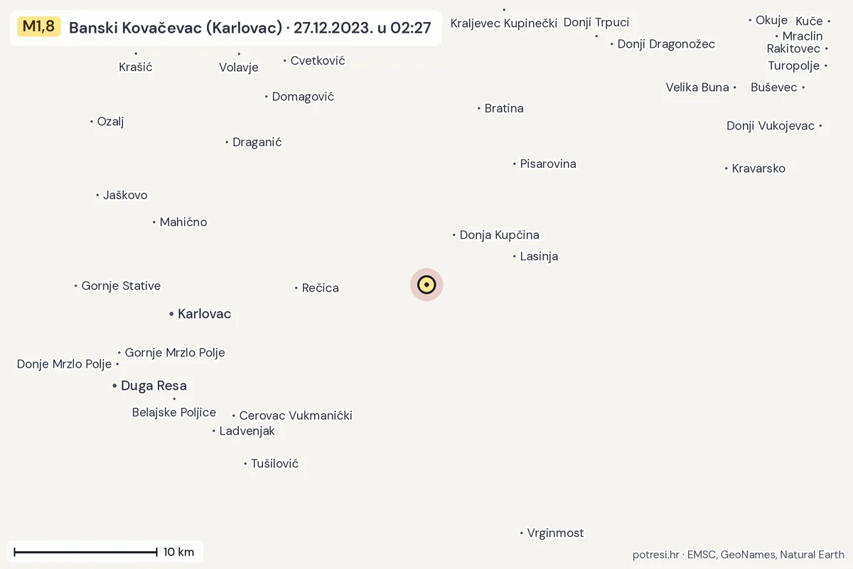 Karta: okolica epicentra, 60 km, potres M1,8, Banski Kovačevac (Karlovac), 27.12.2023.