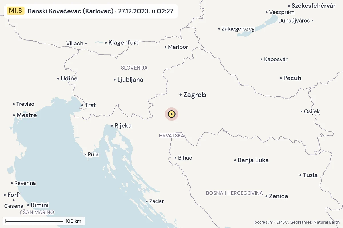 Karta: šire područje, 600 km, potres M1,8, Banski Kovačevac (Karlovac), 27.12.2023.