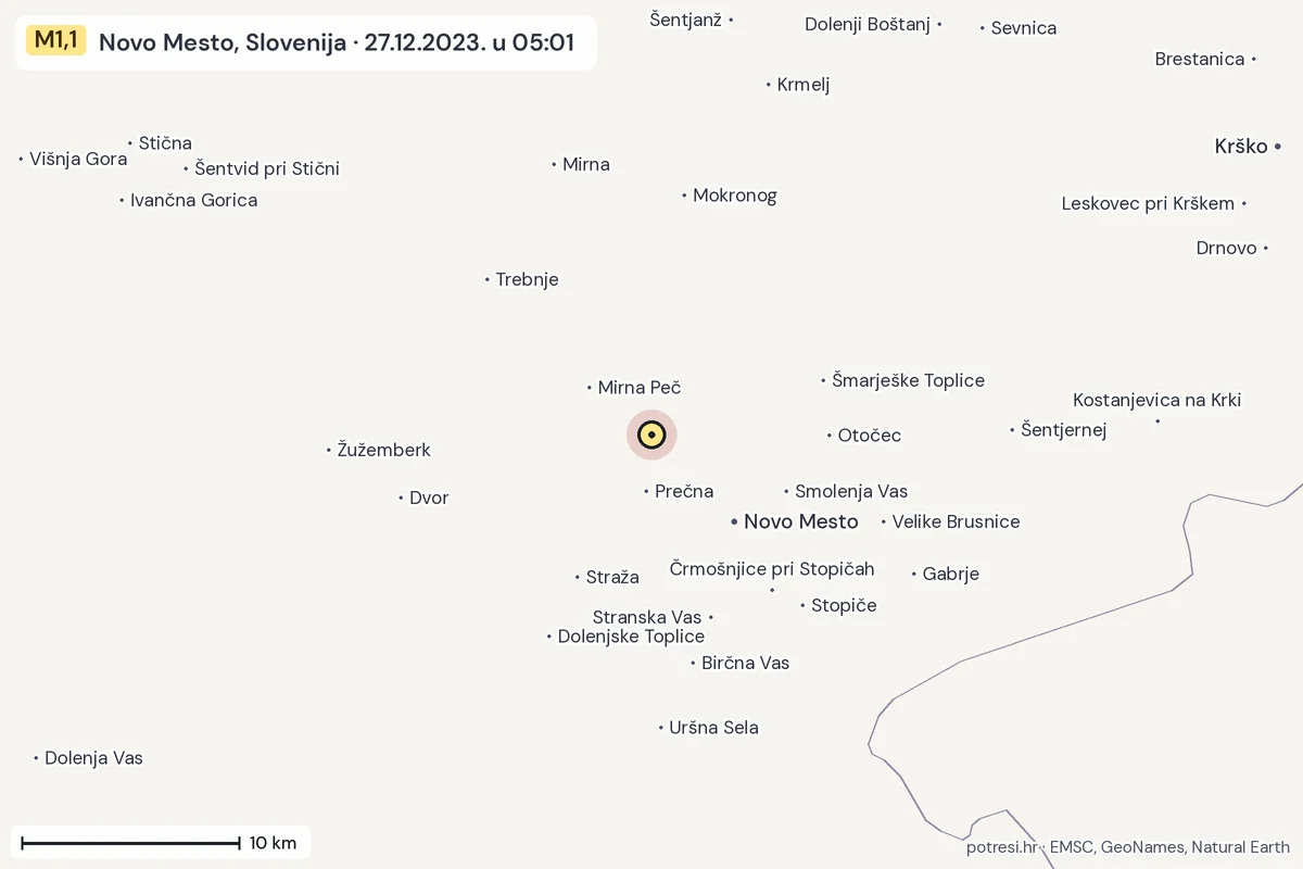 Karta: okolica epicentra, 60 km, potres M1,1, Novo Mesto, Slovenija, 27.12.2023.