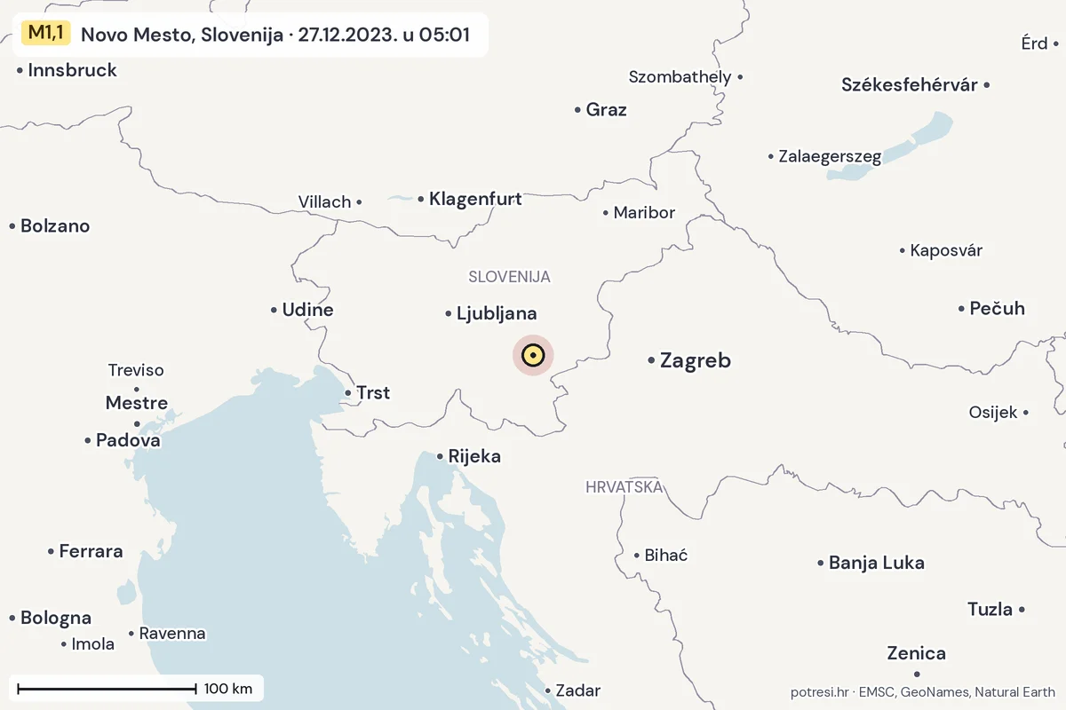 Karta: šire područje, 600 km, potres M1,1, Novo Mesto, Slovenija, 27.12.2023.