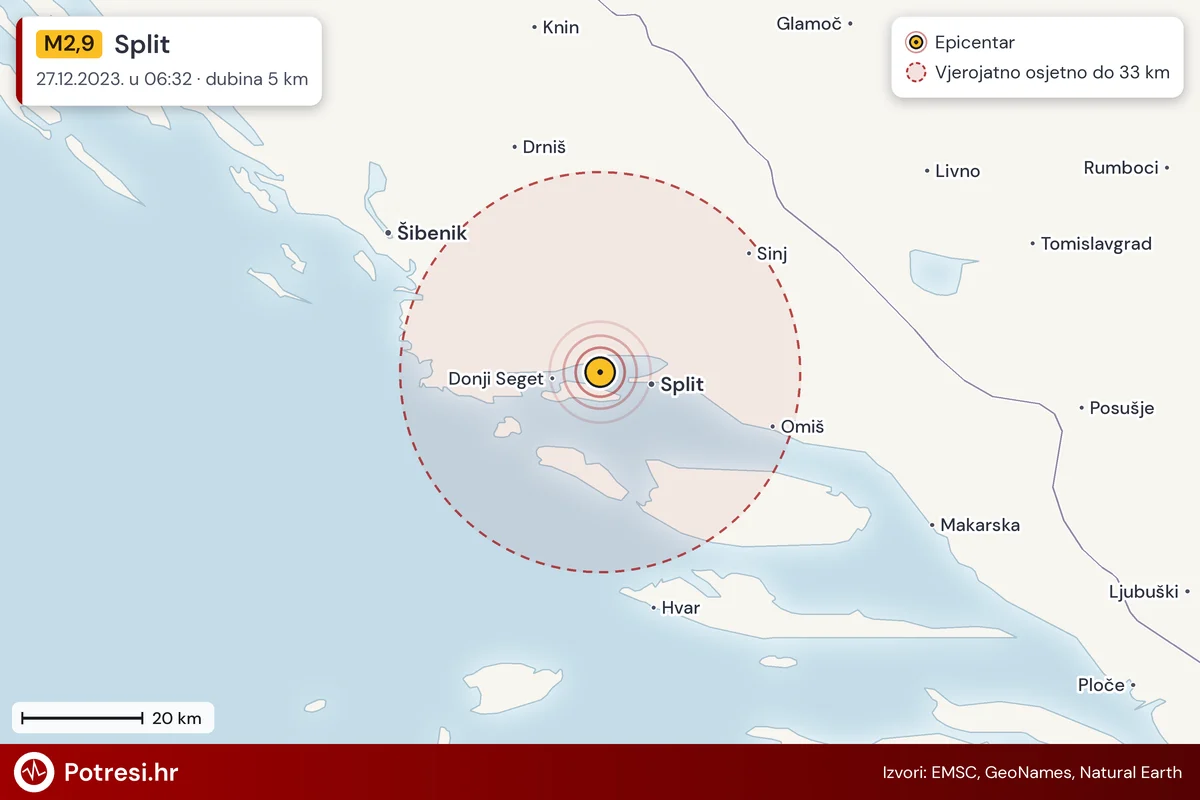 Karta: šire područje i vjerojatni doseg osjeta, potres M2,9, Split, 27.12.2023.