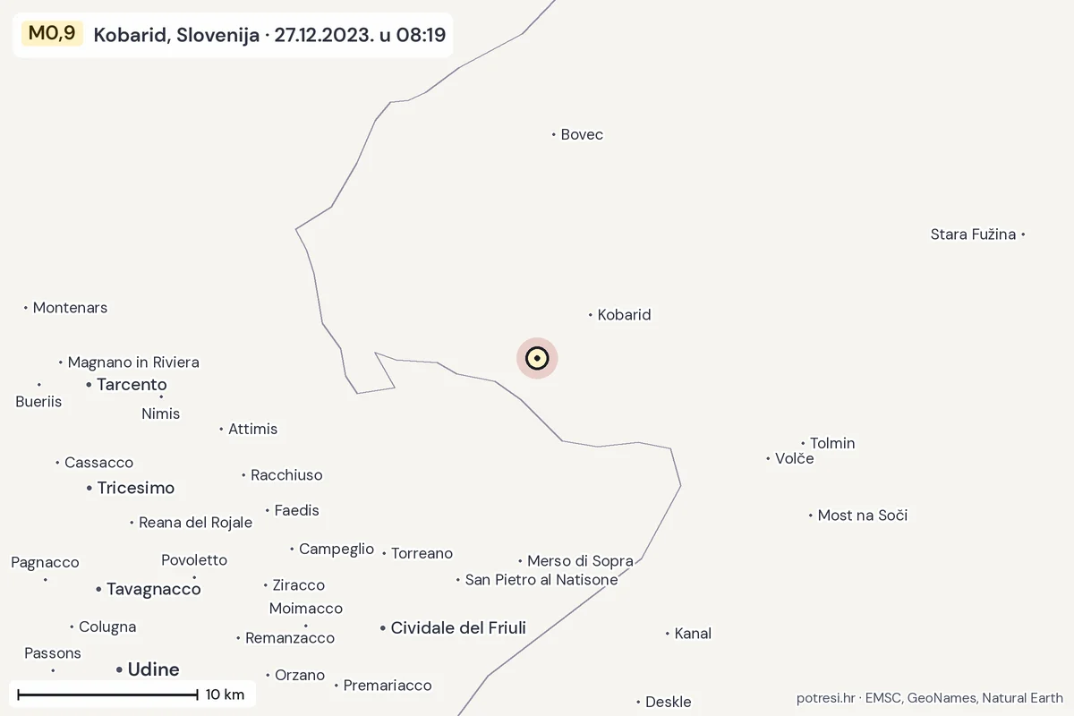 Karta: okolica epicentra, 60 km, potres M0,9, Kobarid, Slovenija, 27.12.2023.