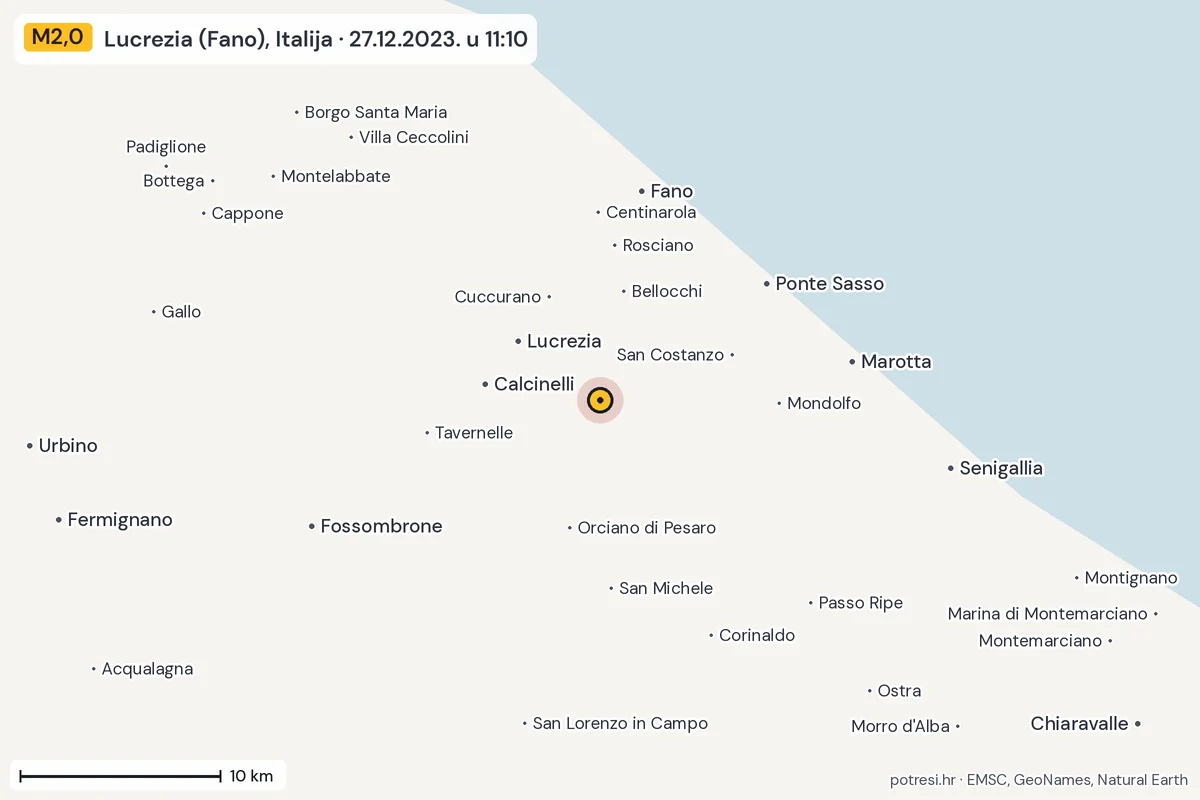 Karta: okolica epicentra, 60 km, potres M2,0, Lucrezia (Fano), Italija, 27.12.2023.