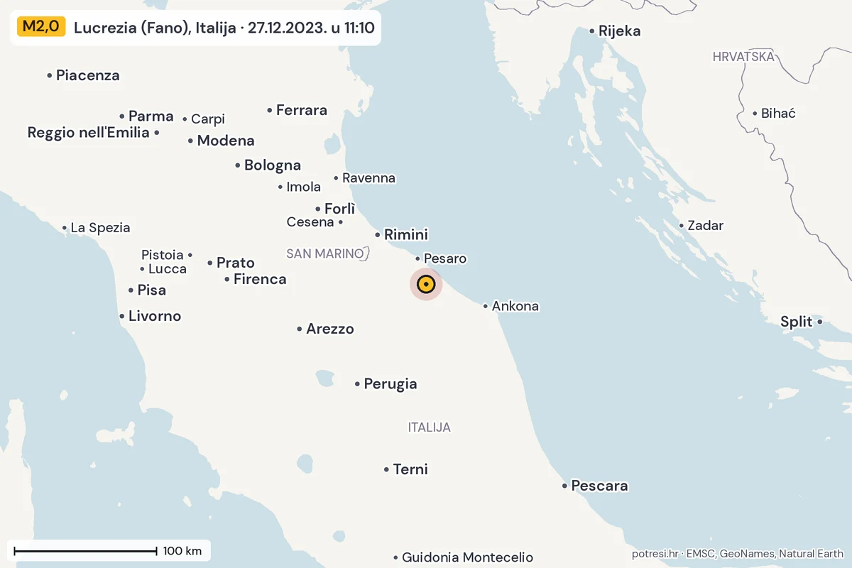 Karta: šire područje, 600 km, potres M2,0, Lucrezia (Fano), Italija, 27.12.2023.