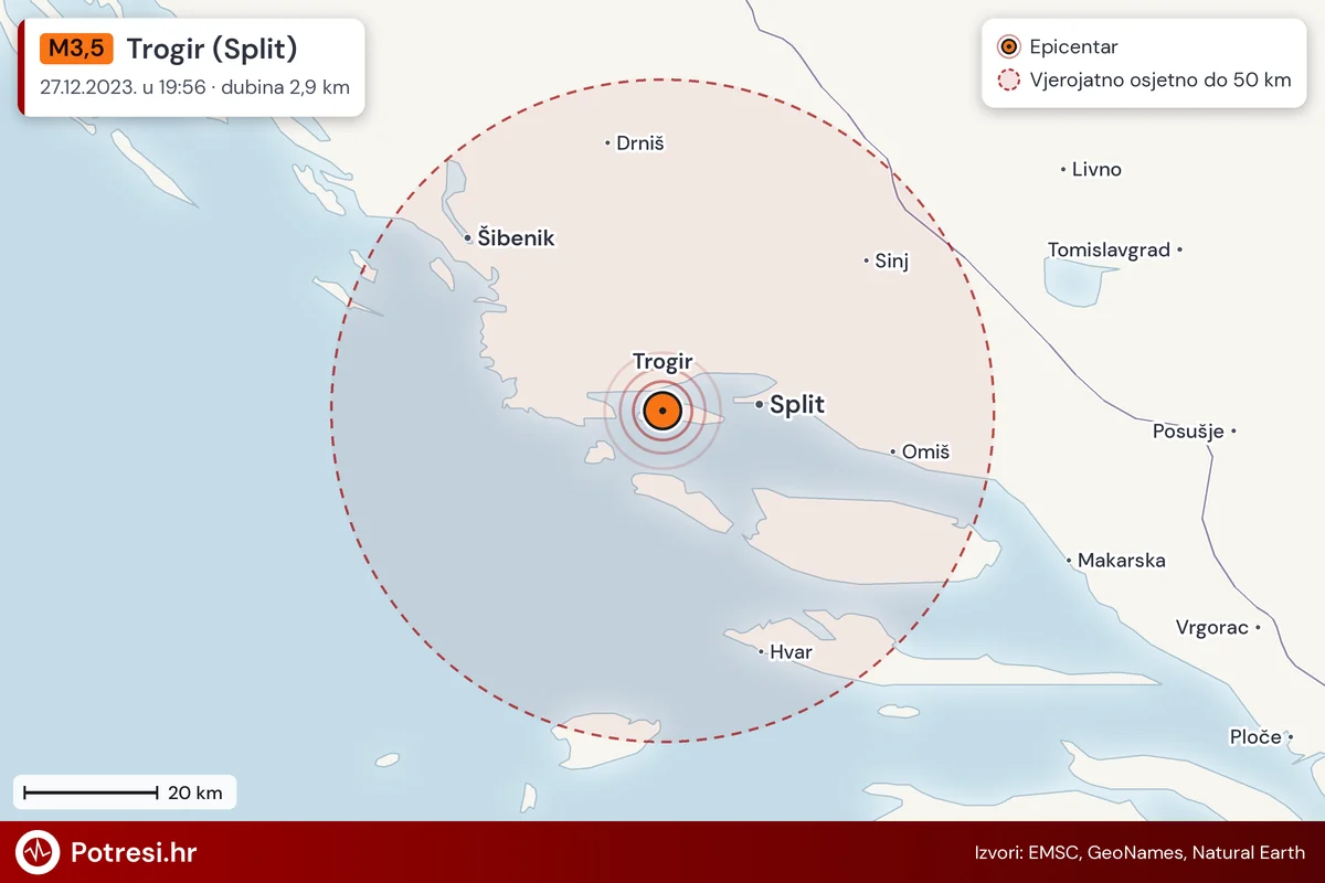 Karta: šire područje i vjerojatni doseg osjeta, potres M3,5, Trogir (Split), 27.12.2023.