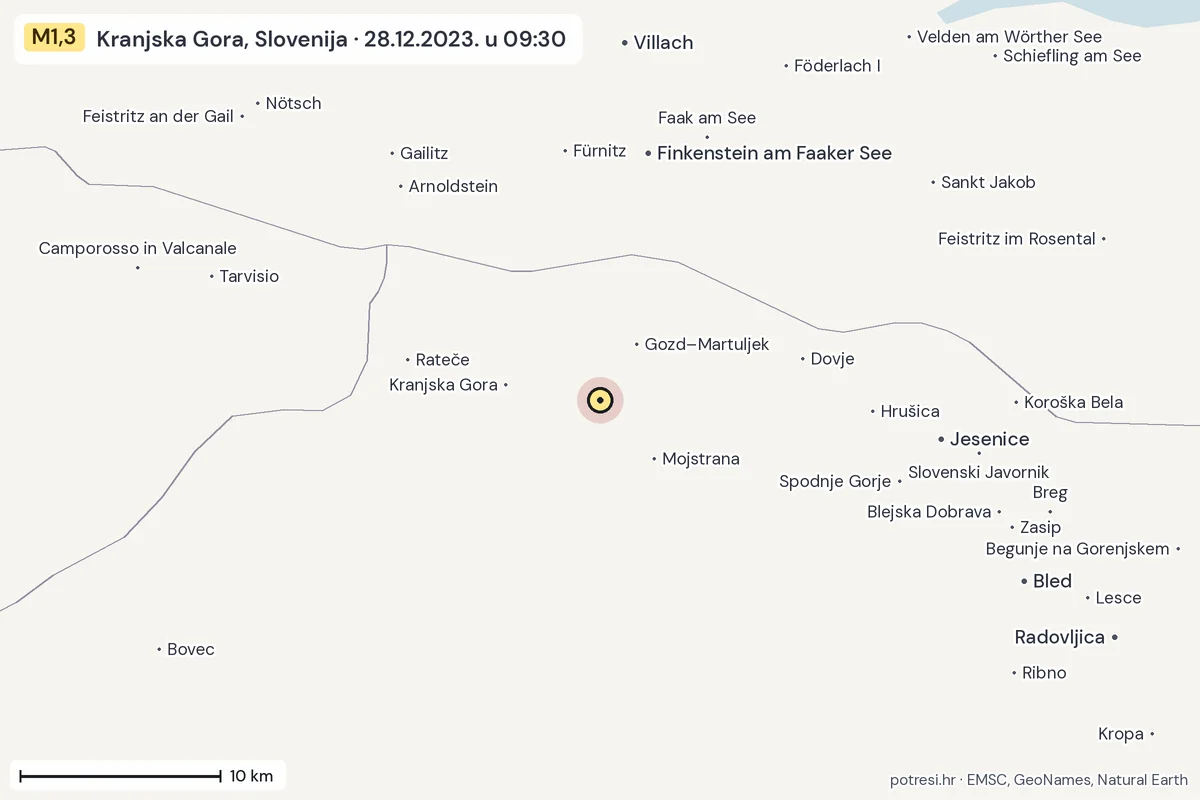 Karta: okolica epicentra, 60 km, potres M1,3, Kranjska Gora, Slovenija, 28.12.2023.