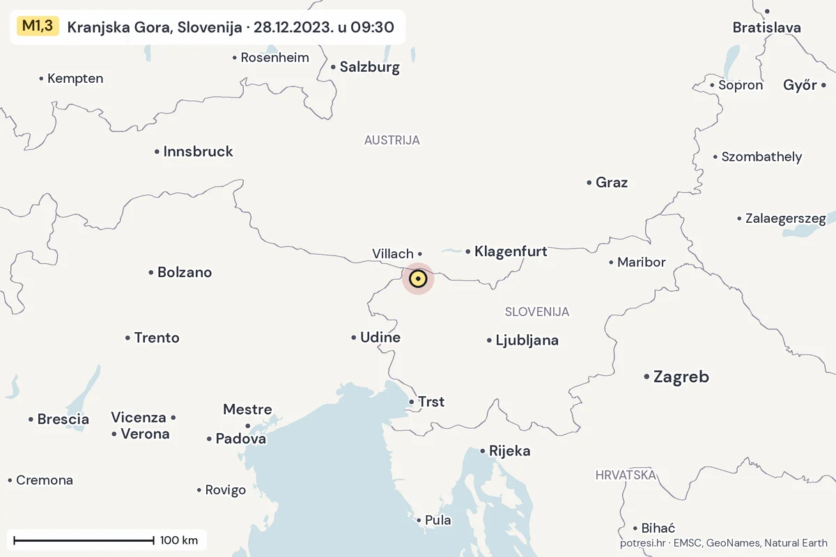 Karta: šire područje, 600 km, potres M1,3, Kranjska Gora, Slovenija, 28.12.2023.
