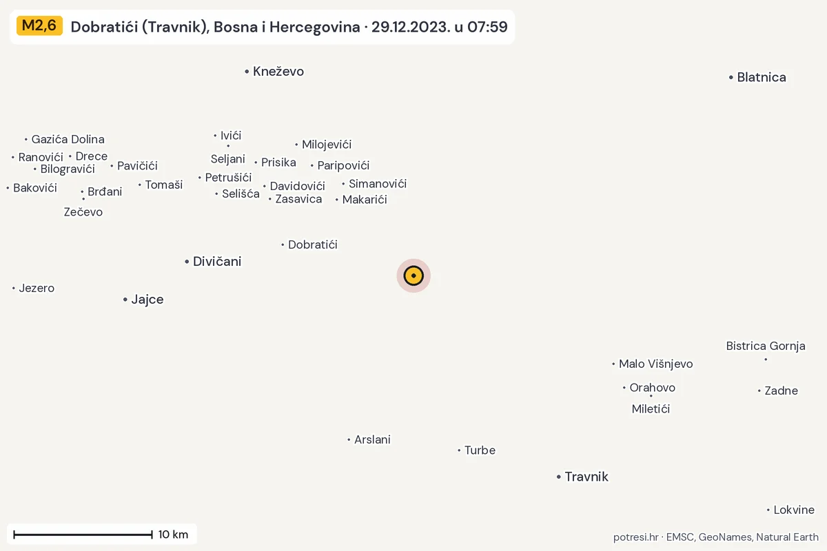 Karta: okolica epicentra, 60 km, potres M2,6, Dobratići (Travnik), Bosna i Hercegovina, 29.12.2023.